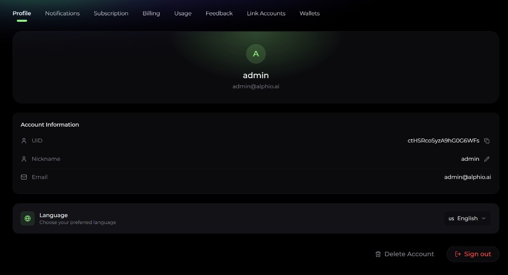 Profile and Settings | Alphio Docs